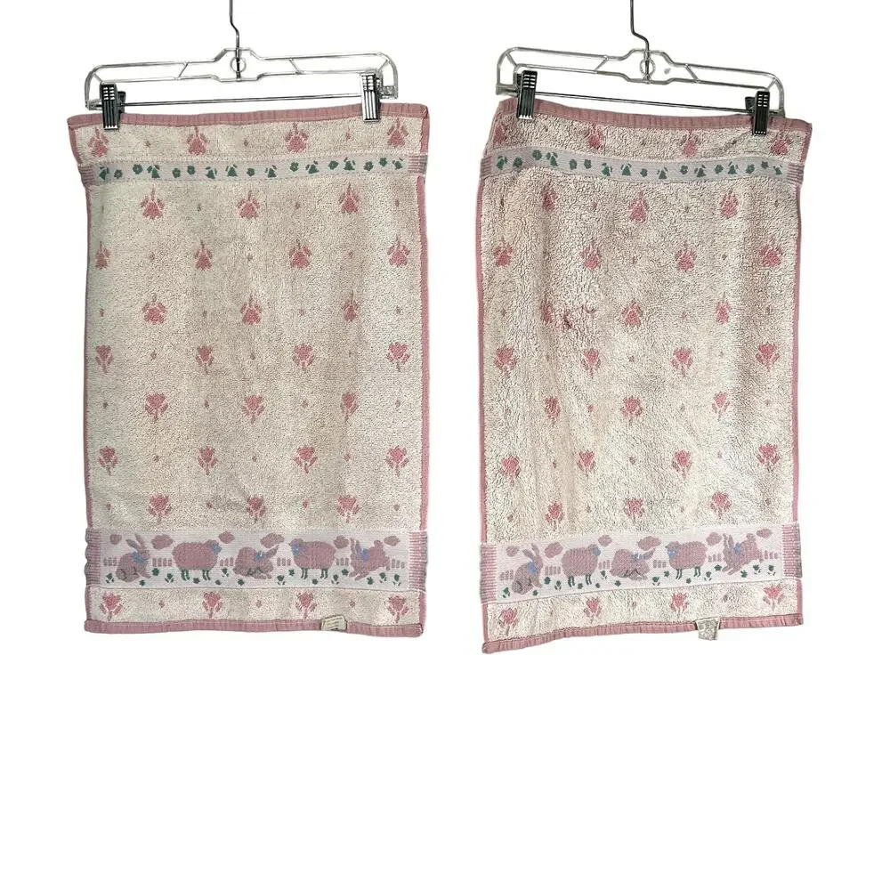 Vintage Towel Set Cottagecore Utica Cotton Sheep Rabbit Pink Fairy Kei